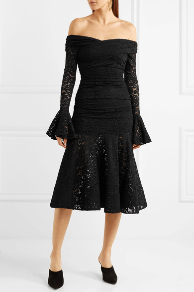 Caroline Constas Leda off-the-shoulder ruched stretch-lace midi dress