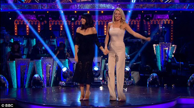 Claudia winkleman black lace off the shoulder bardot dress Strictly Come Dancing week 2 2017 photo BBC