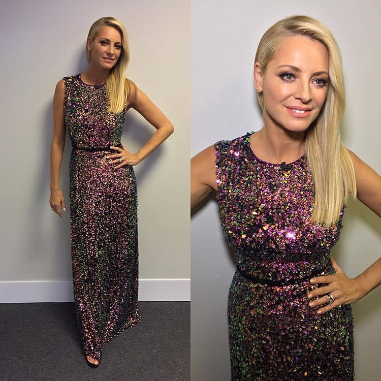 Tess Daly purple pink multicilour beaded sequin dress Strictly Come Dancing 2017 week 1 photo James Yardley