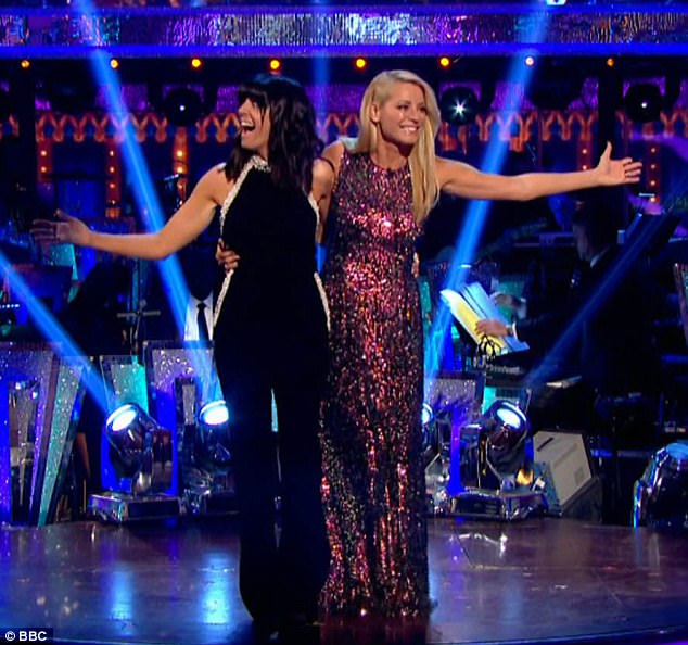 Tess Daly purple sequin dress claudia winkleman black and pearl jumpsuit Strictly week 1