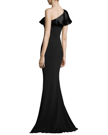Badgley Mischka One-Shoulder Ruffle Mermaid Gown back view