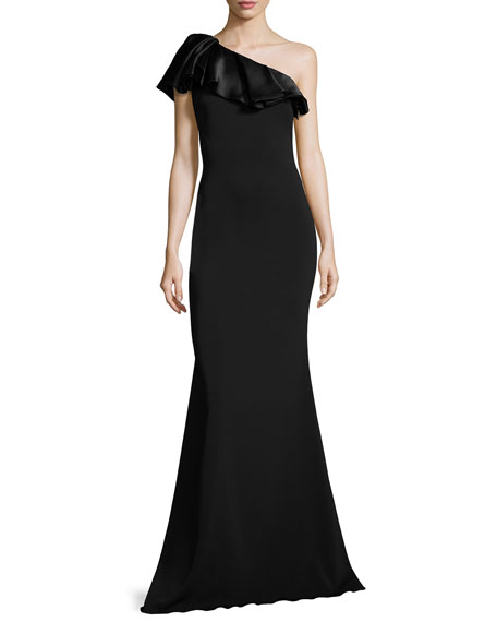 Badgley Mischka One-Shoulder Ruffle Mermaid Gown