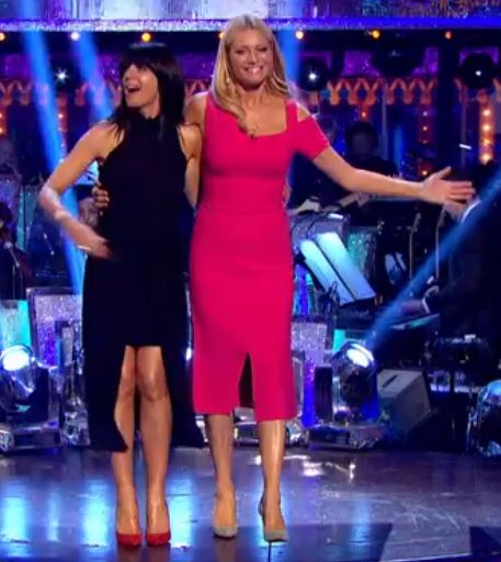 claudia winkleman black tie neck tie waist mini underlay dress Strictly results Show week 2 2017