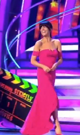 Claudia Winkleman pink off the shoulder high-low gown Strictly Come Dancing 2017