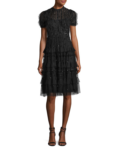 Needle &amp; Thread Jet Frill Embellished Tulle Midi Cocktail Dress
