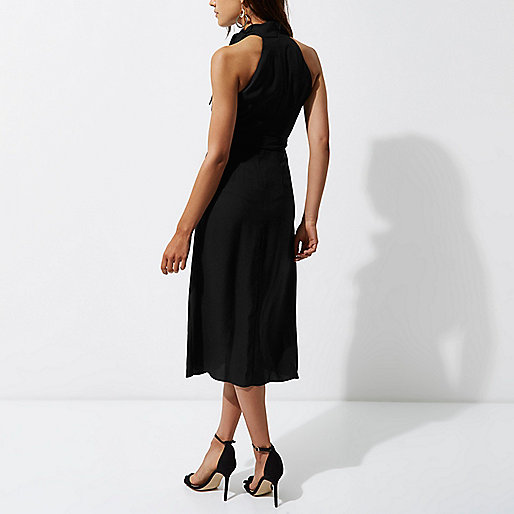 River Island Black tie neck sleeveless midi dress back view
