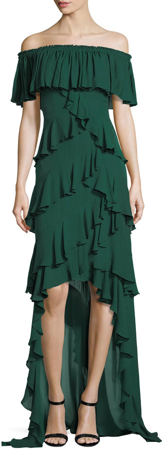 Badgley Mischka Off-the-Shoulder Ruffled High-Low Gown