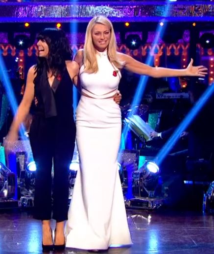 Claudia winkleman black satin lapel jumpsuit Strictly come Dancing November 2017