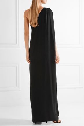 Halston Black Cape Effect One Shoulder Gown back view