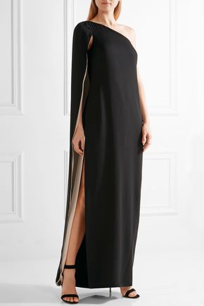Halston Black Cape Effect One Shoulder Gown