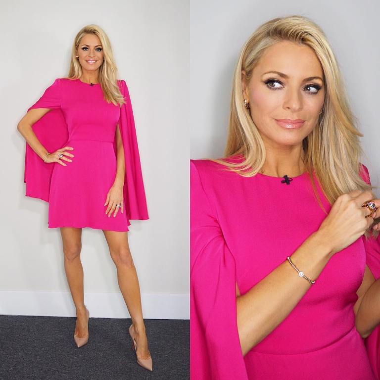 Tess Daly strictly dress pink cape dress November 2017 photo James Yardley