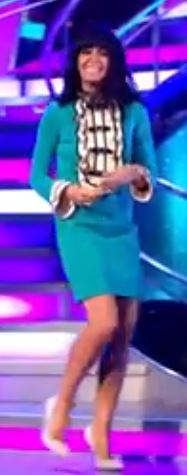 Claudia Winkleman blue dress with ruffles Strictly come Dancing December 2017