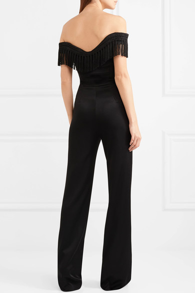 Galvan Conquista Fringed Off-the-shoulder Satin Jumpsuit back view