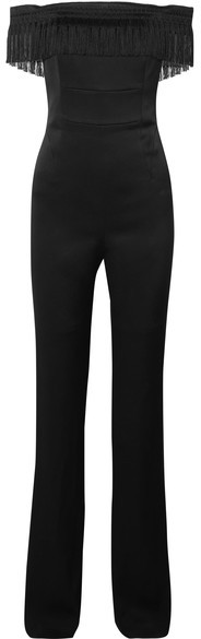 Galvan Conquista Fringed Off-the-shoulder Satin Jumpsuit