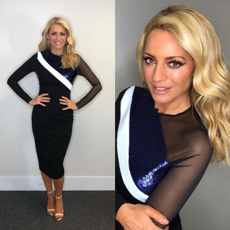 Tess daly black dress with white and blue band Strictly Come Dancing December 2017