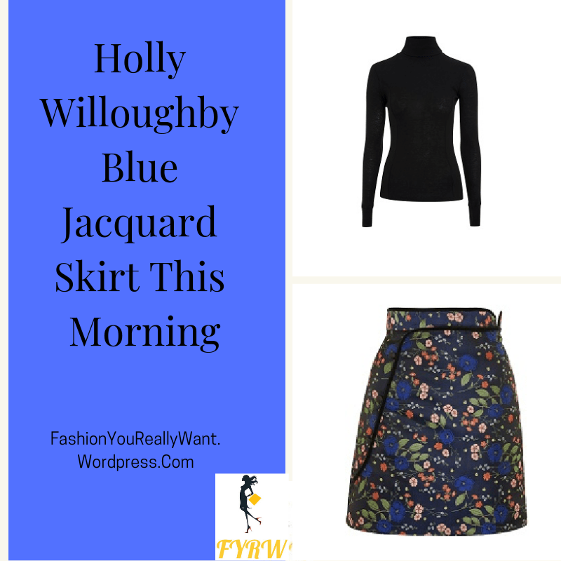 Holly Willoughby outfit black funnel neck top blue jacquard skirt black hoop boots This Morning January 2018