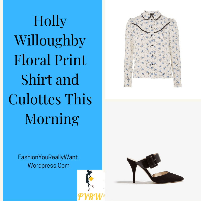 Holly Willoughby outfit clothes fashion blog floral and spot western blouse trousers black buckle mules This Morning January 2018