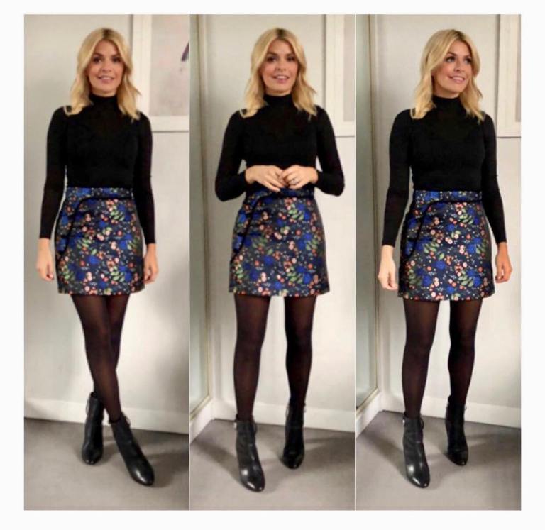 Holly Willoughby outfit black polo neck blue floral skirt This Morning January 2018