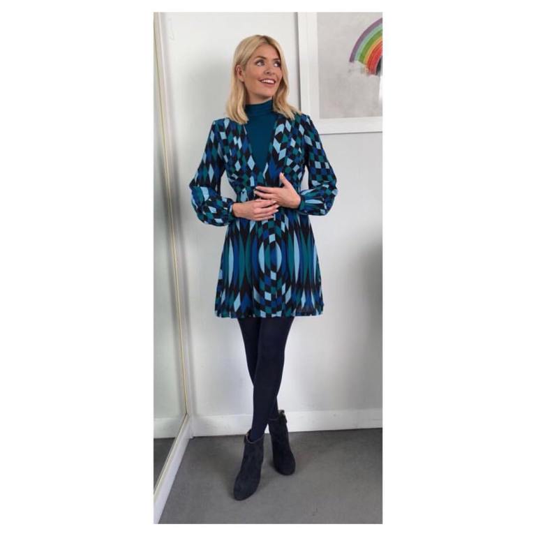 holly willoughby outfit blog black and blue geometric dress blue suede ankle boots This Morning January 2018