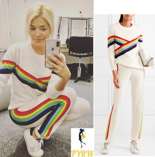 Holly Willoughby outfit blog white rainbow jumper and tracksuit bottoms Dancing on Ice rehearsal January 2018