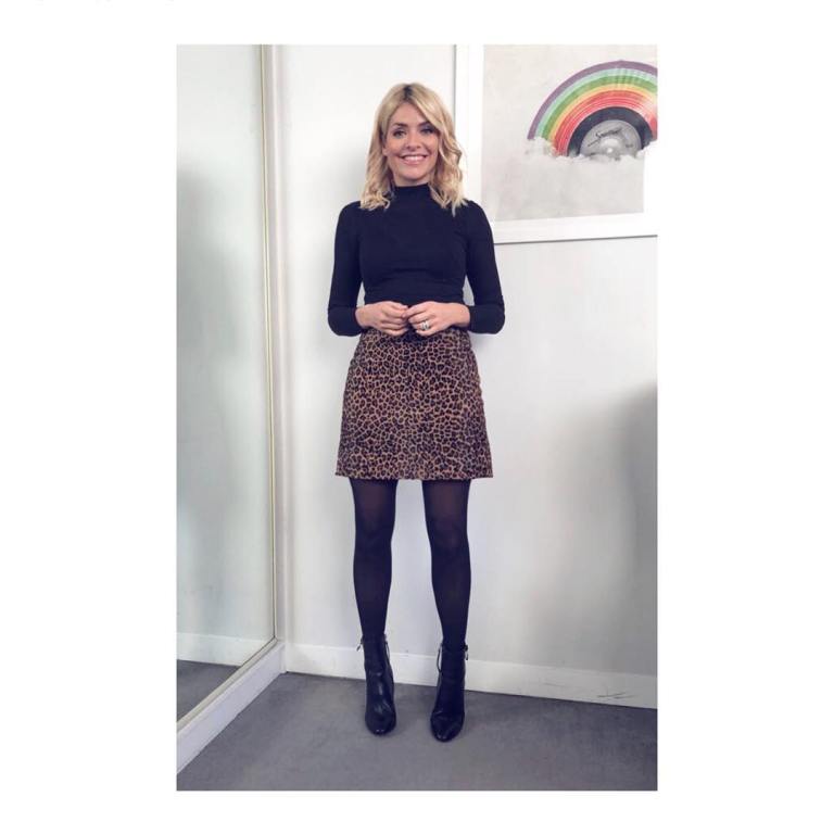 holly willoughby outfit leoard print skirt black polo black boots This Morning January 2018