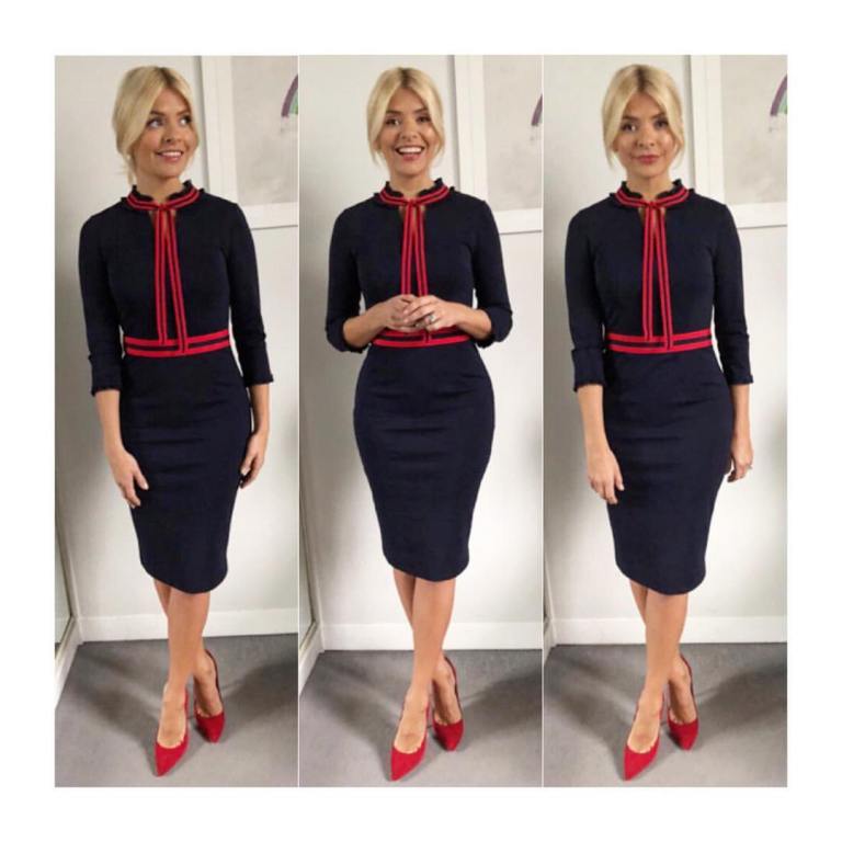 Holly Willoughby outfit navy and red dress This Morning January 2018