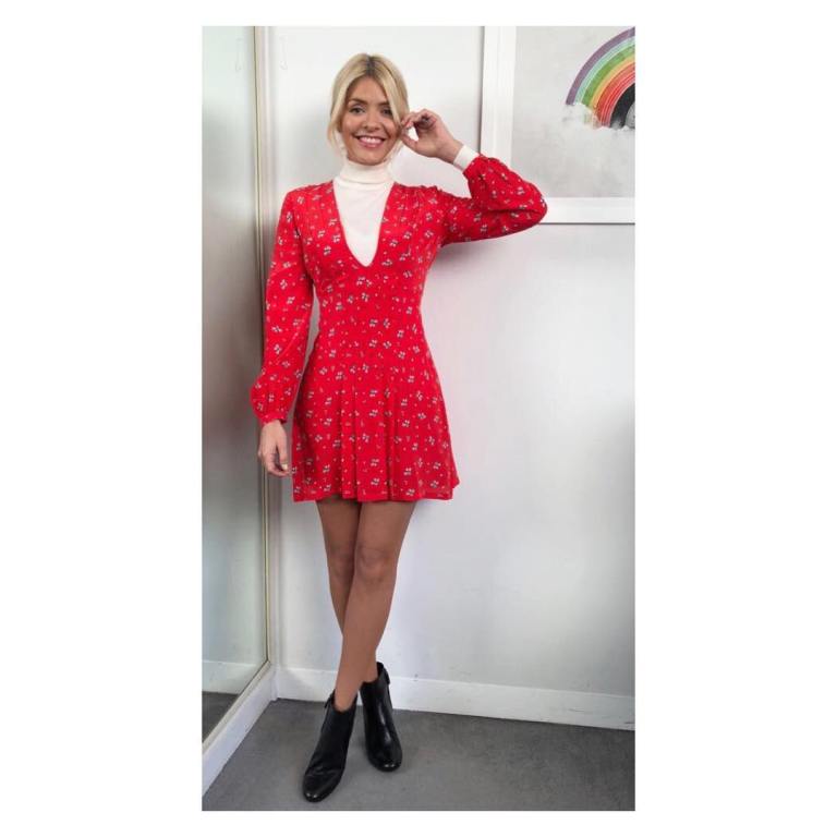 Holly Willoughby outfit red long sleeve dress white polo neck black boots This Morning January 2018