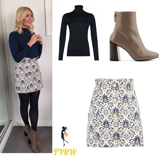 Holly Willoughby outfit This Morning blue polo neck jacquard skirt brown boots January 2018