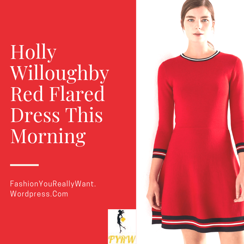 Holly Willoughby outfit blog red dress black striped trim black ankle boots This Morning January 2018