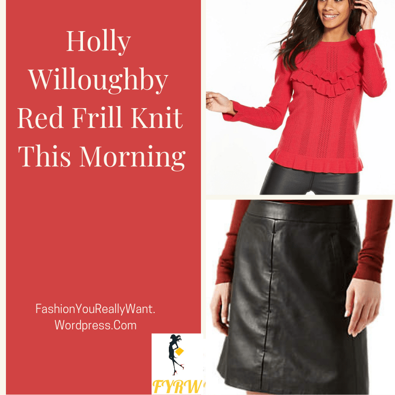 Holly Willoughby outfit This Morning red fill knit black leather mini skirt black ankle boots This Morning January 2018