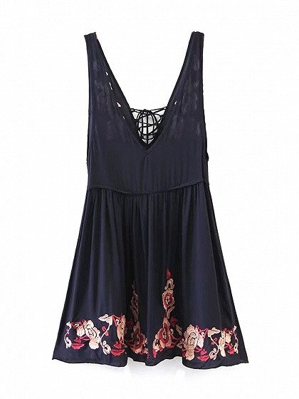 Navy V-neck Lace Up Front Embroidery Floral Strap Mini Dress back view