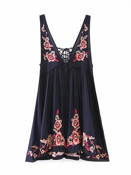 Navy V-neck Lace Up Front Embroidery Floral Strap Mini Dress