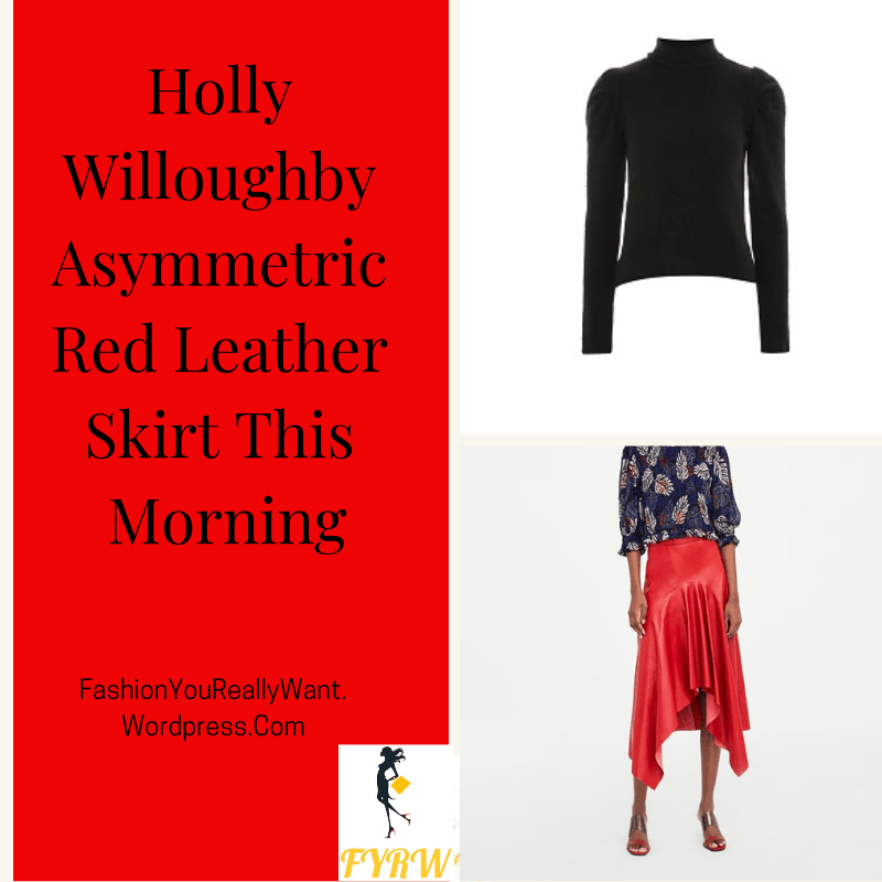 Holly Willoughby This Morning outfit blog red asymmetric leather skirt black polo neck jumper black ankle boots February 2018