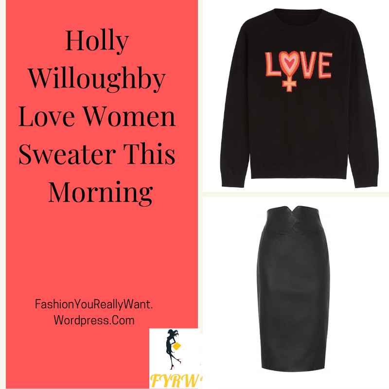 Holly Willoughby outfit blog black jumper with Love graphic black leather skirt pink heart court shoes February 2018.