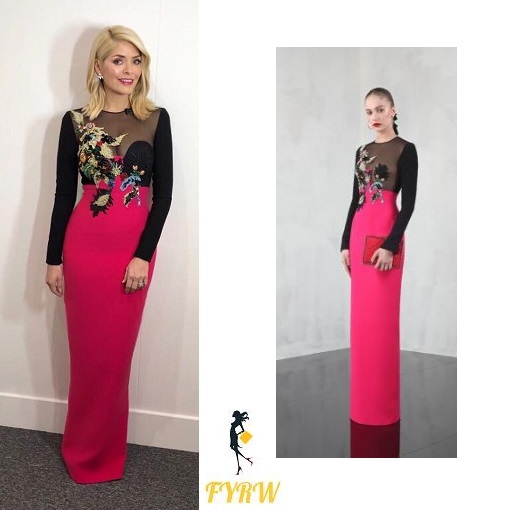 Holly Willoughby outfit black and pink embroidered gown Dancing on Ice February 2018