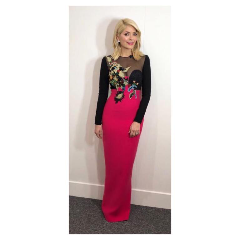 Holly Willoughby outfit black and pink embroidered gown Dancing on Ice February 2018