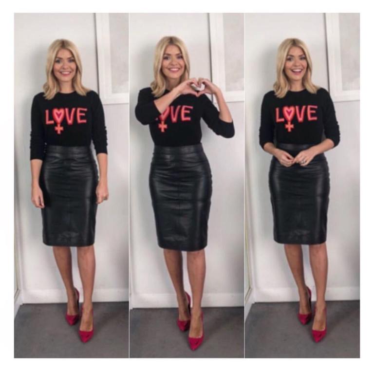 Holly Willoughby outfit blog black Love jumper black leather skirt red court shoes This Morning February 2018