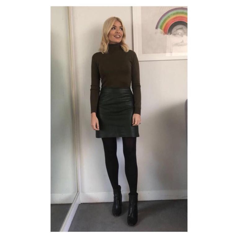 Holly Willoughby outfit blog brown poloneck black leather skirt black ankle booots This Morning February 2018