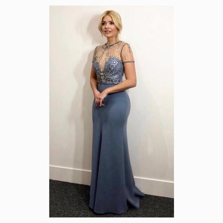 holly Willoughby outfit dancing on ice blue gown with embellished bodice February 2018