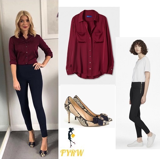 Holly willoughby outfit This Morning wine shirt blue trousers snakeskin bow shoes February 2018