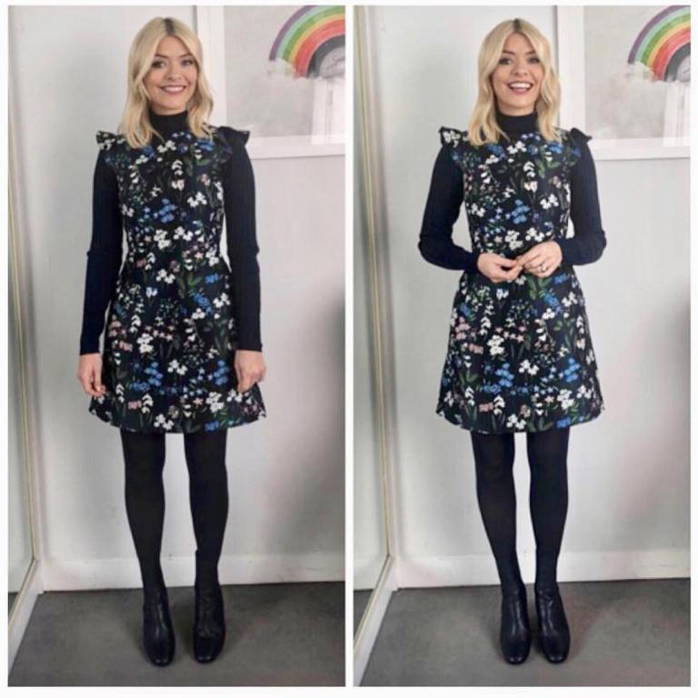 Holly Willoughby This Morning dress floral jacquard dress black polo neck jumper black ankle boots February 2018