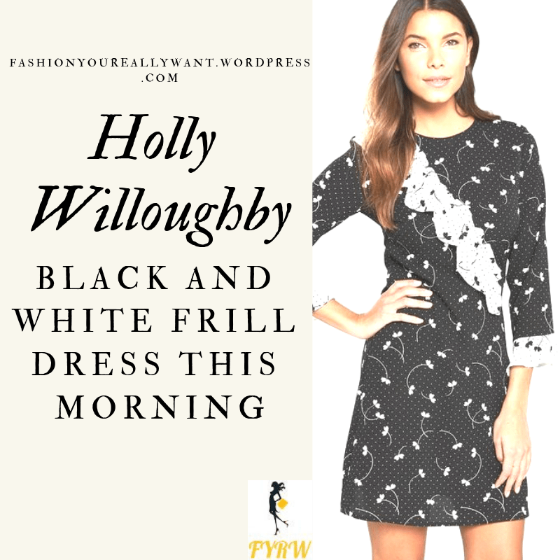 Holly Willoughby This Morning dress black and white print dress with frill black lace up ankle boots March 2018