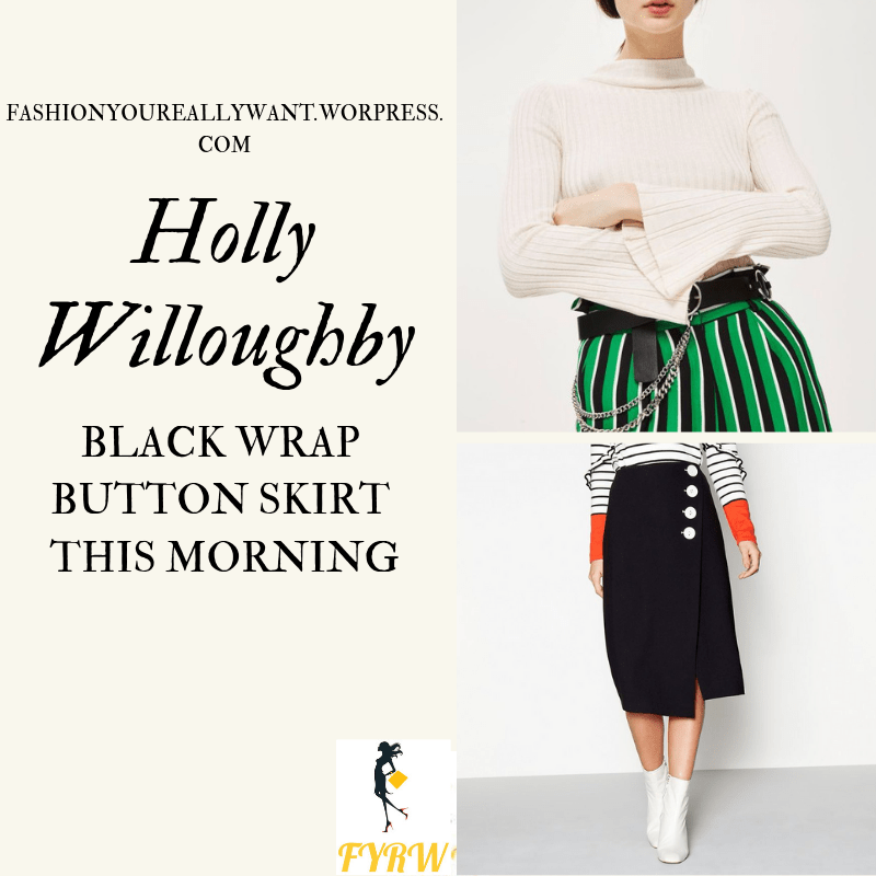 Holly Willoughby This Morning outfit black wrap button skirt cram flute sleeve jumper gold necklace black mules March 2018