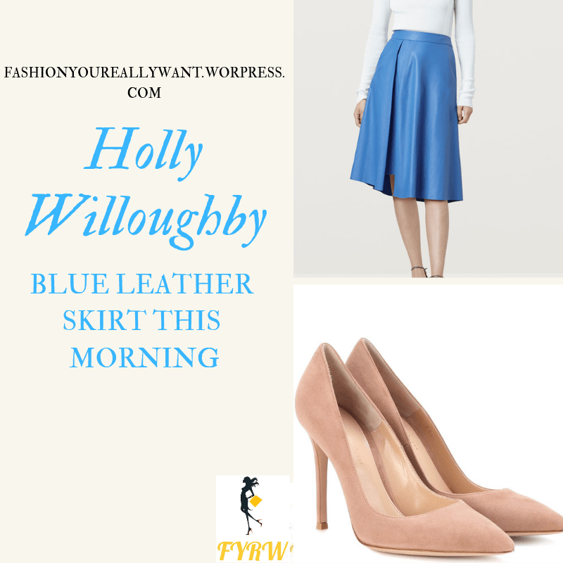 Holly Willoughby This Morning outfit blue polo neck blue leather skirt nude court shoes March 2018