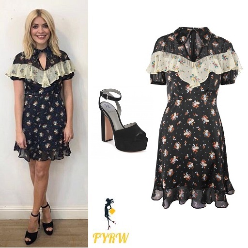 Holly willoughby celebrity Juice outfit black floral frill dress black sandals March 2018
