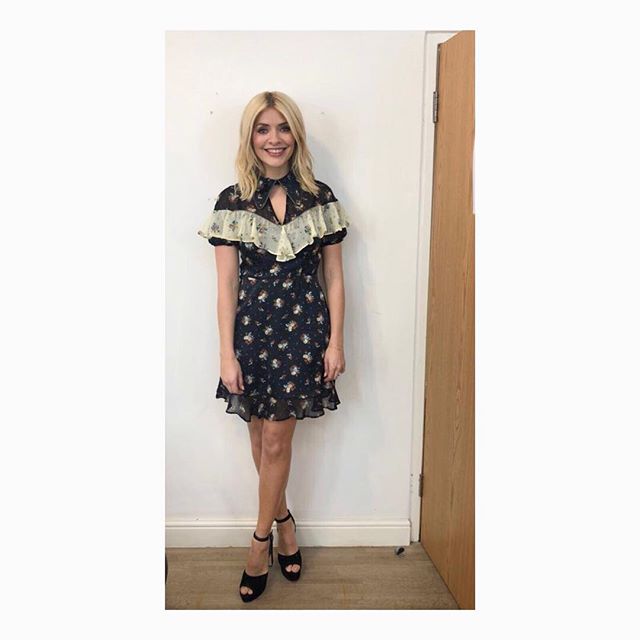 Holly willoughby celebrity Juice outfit black floral frill dress black sandals March 2018