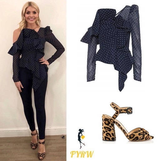 holly willoughby Celebrity juice outfit polka dot one sleeve top black trousers leopard shoes March 2018