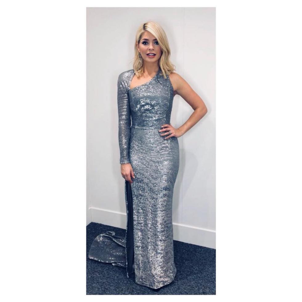 Holly Willoughby Dancing on Ice gown blue shimmer one sleeve gown MArch 2018