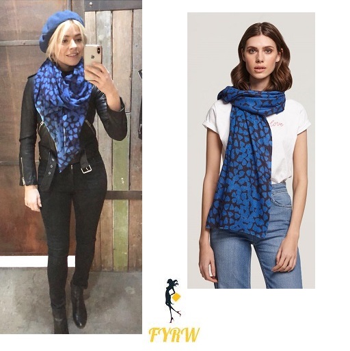 Holly willoughby outfit blur heart scarf black leather biker jacket black jeans black ankle boots blue beret