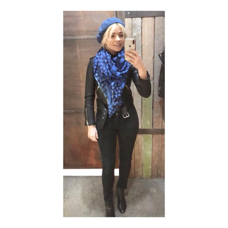 Holly willoughby outfit blur heart scarf black leather biker jacket black jeans black ankle boots blue beret